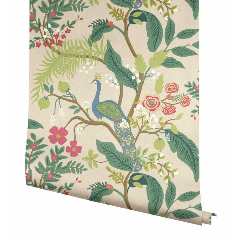 Rouleau de papier peint 27 pi x 27 po Peacock, Rose clair / Vert