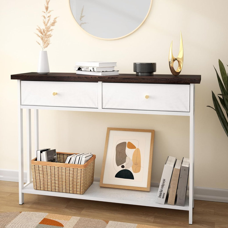Console avec 2 tiroirs en tissu, table d'entrée avec tablettes
