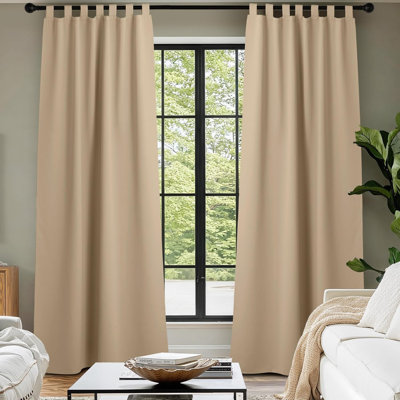 2 Panels Outdoor Curtains For Patio Waterproof 84" Long, Detachable Sticky Tab Top Thermal Insulated Privacy Sun Blocking & UV Protection Drapes For Porch/Pergola, Biscotti Beige, W52 X L84