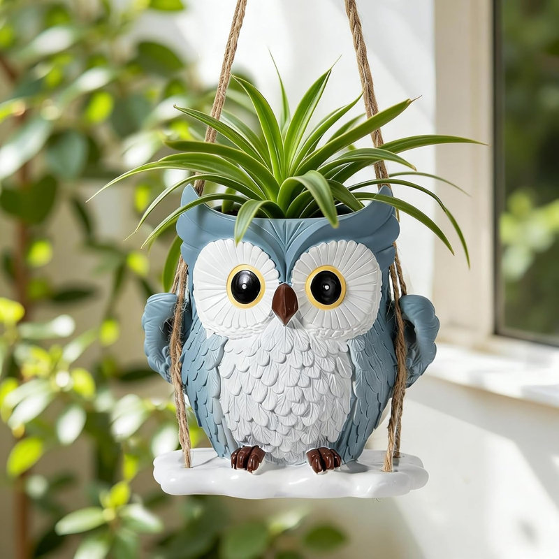 Swing Owl Hanging Planter With Drainage Hole - Blue