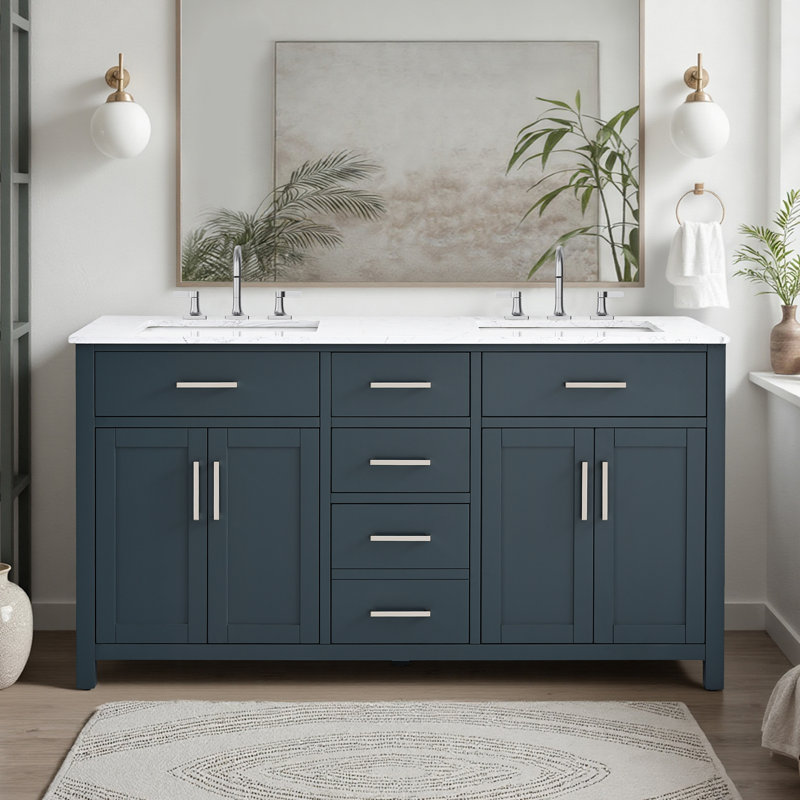 Ensemble de meuble-lavabo double 60 po avec plateau en marbre Tremolo, Bleu rétro / nickel poli