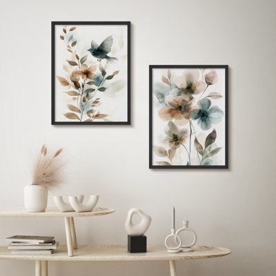 2-Piece Framed Watercolor Floral and Bird Wall Art Set - Soft Neutral Prints for Bedroom or Bathroom Decor