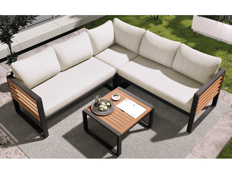 Brycen Outdoor 4-Piece Acacia Wood Conversation Set with Cushions, Beige