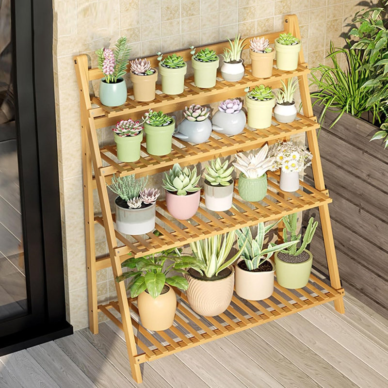 Support pour plante pliable à 4 niveaux en bambou - Présentoir intérieur / extérieur compact et durable, Nature