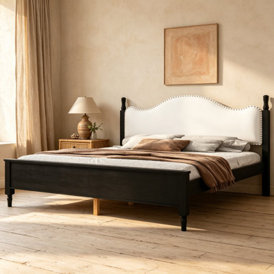 King Size Wood Platform Bed with Upholstered Headboard, Black Frame+White Headboard