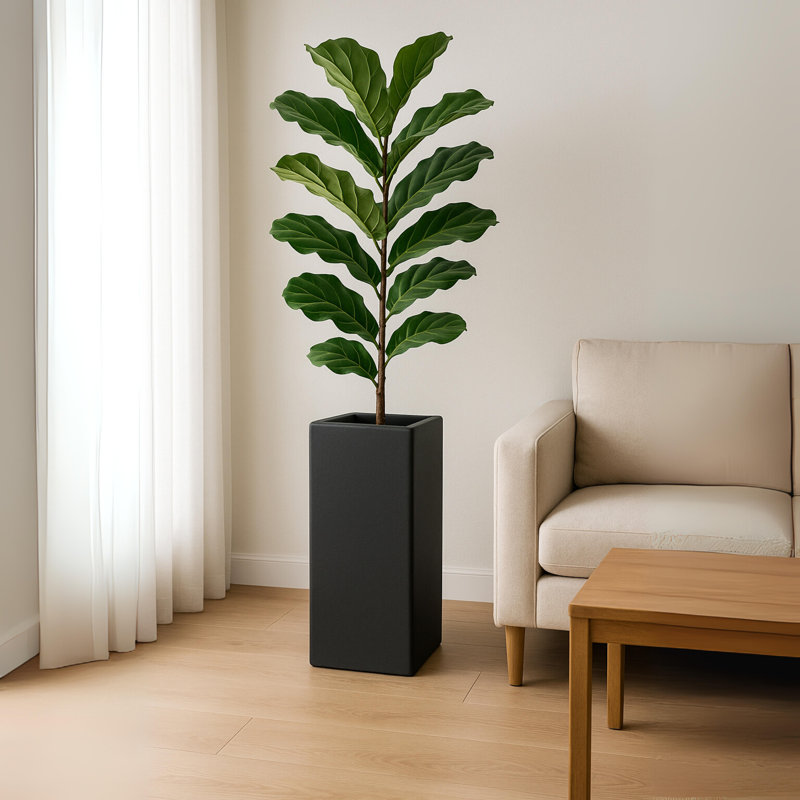 Terra Fiberstone And MGO Clay Planter, Mid-Century Modern Tall Square Planter Pot For Indoor And Outdoor, Black