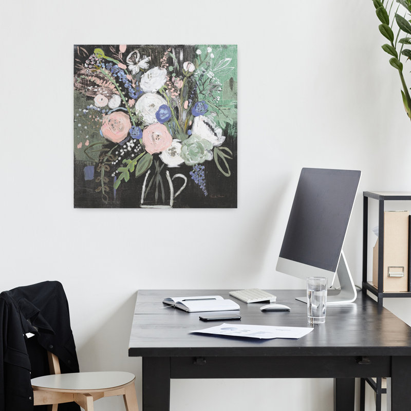 Art contemporain contemporain avec élégance florale noire et bouquets de rosé, H 18 po x l 18 po