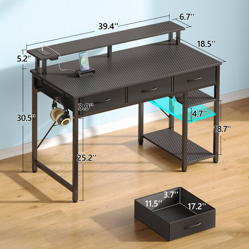 Rectangle Computer Desk with Shelves, Office Desk with Power Outlets & RGB LED Lights, Black, 30.5" H x 39.4" W x 18.9" D