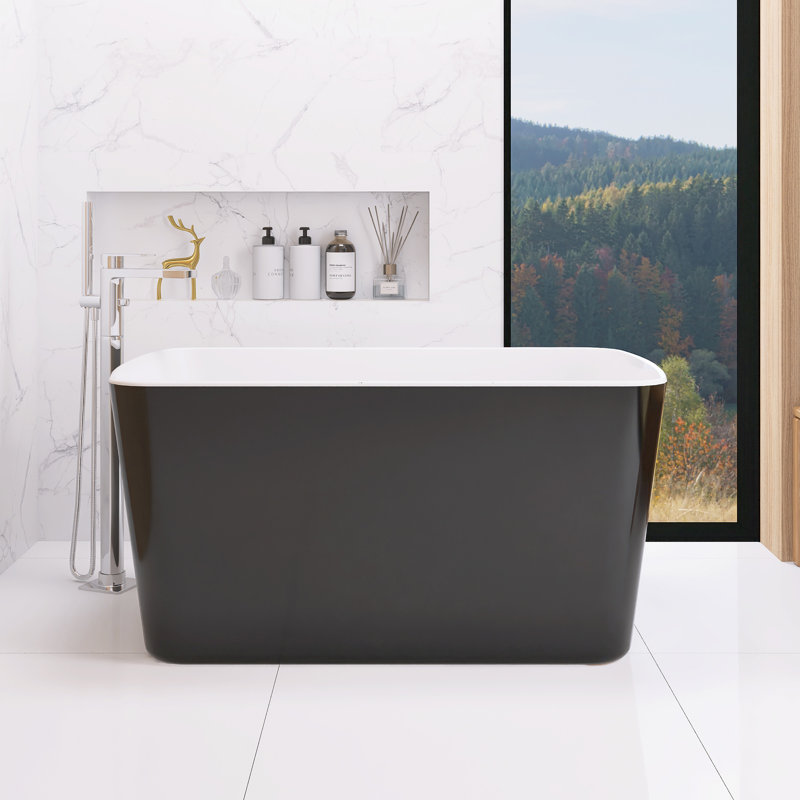 Baignoire de trempage autoportante en acrylique 49 po avec trop-plein chromé et drain rapide, Extérieur noir brillant