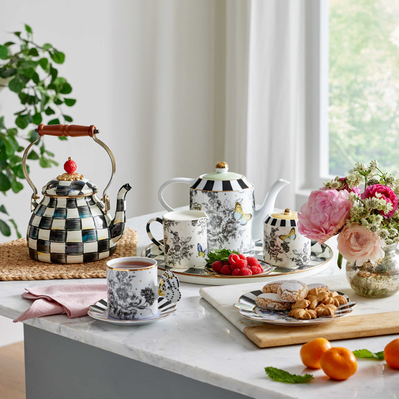 Multicolor Ceramic Butterfly and Floral Print Cylinder Teapot