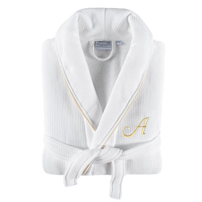 Linum Home Textiles 100% Turkish Cotton Personalized Unisex Waffle Terry Bathrobe White With Gold Satin Piping