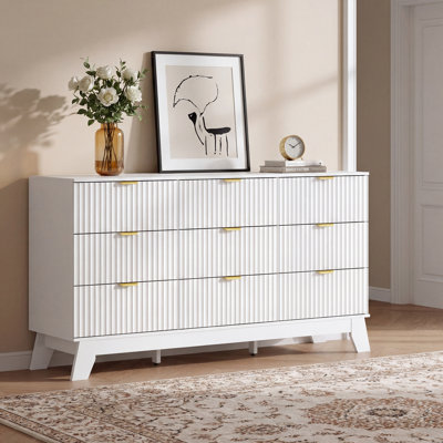 Commode à 9 tiroirs cannelée l 57 po de largeur avec poignées en métal et pieds réglables