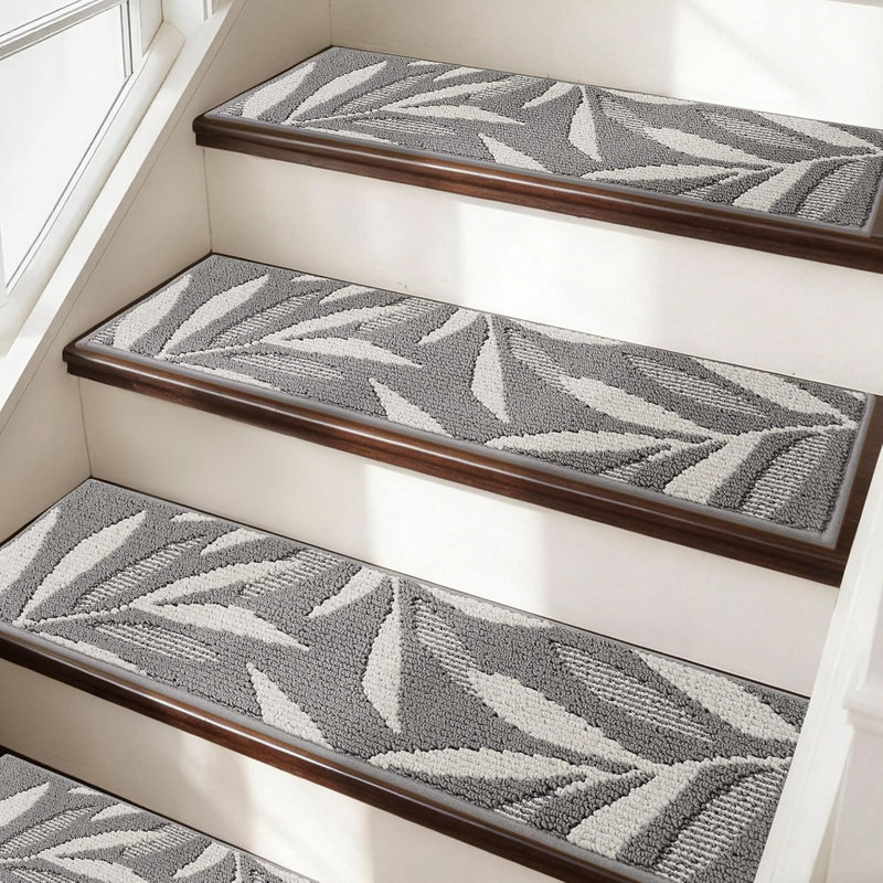 Tapis d'escalier pour marches en bois avec motif de feuille 3D, avec support en TPE, gris