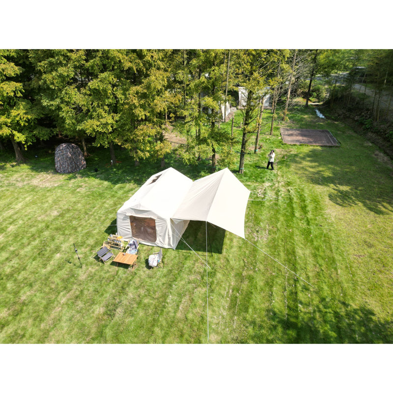 X13ft inflatable camping tent with canopy & hand pump, easy setup waterproof & windproof air glamping tent, beige.