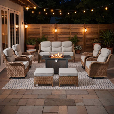 Abbey 9-Piece Wicker Patio Furniture Sofa Set With Fire Pit Table, 6-Inch Thick Cushion Swivel Glider Chairs & Ottomans