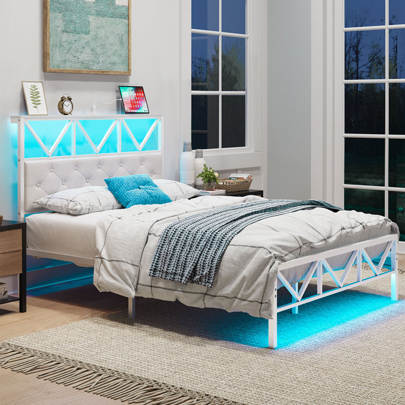 Full Size Bed Frame with LED Light and Charging Station, White Upholstered Headboard with Shelf, Under Bed Storage, No Box Spring Needed, Noise Free, Easy Assembly, White