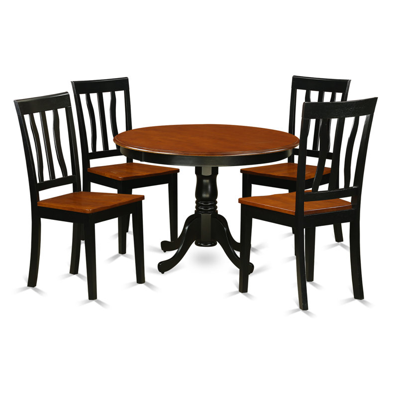 5 Piece Dining Table Set for 4 Includes a Round Kitchen Table with Pedestal and 4 Dining Room Chairs, Black & Cherry, Black