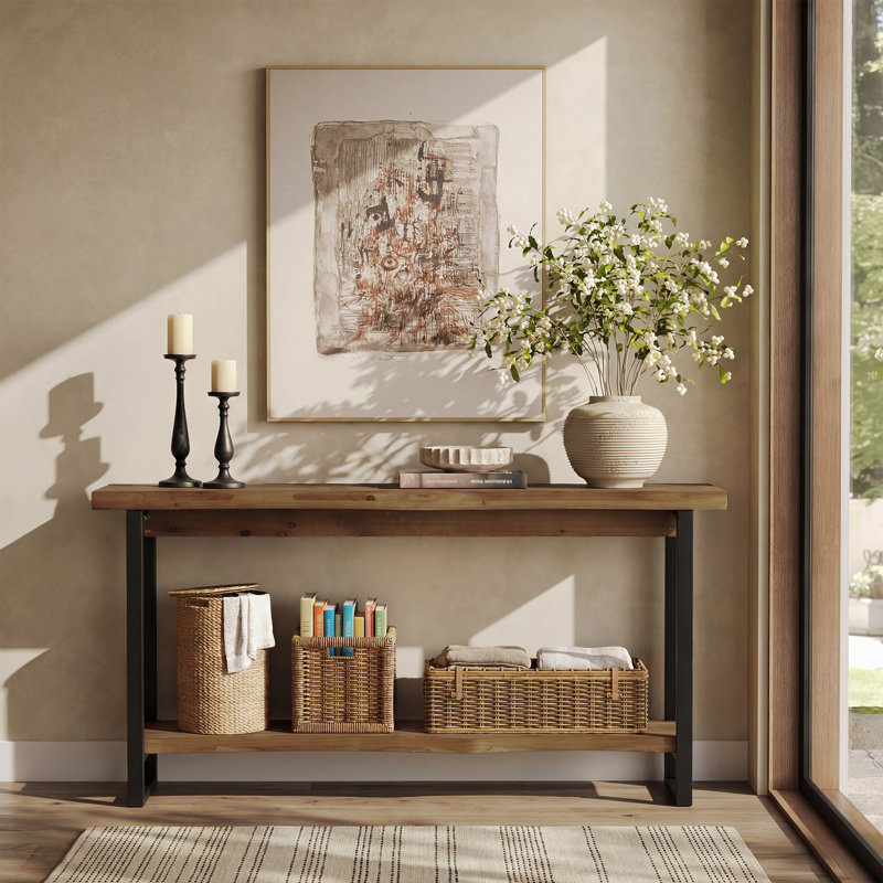 Solid Wood Live-Edge Console Table, Farmhouse 63-Inch Narrow Long Sofa Table, Dark Brown
