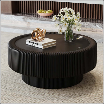 Table basse ronde avec rangement cannelé et plateau en verre trempé