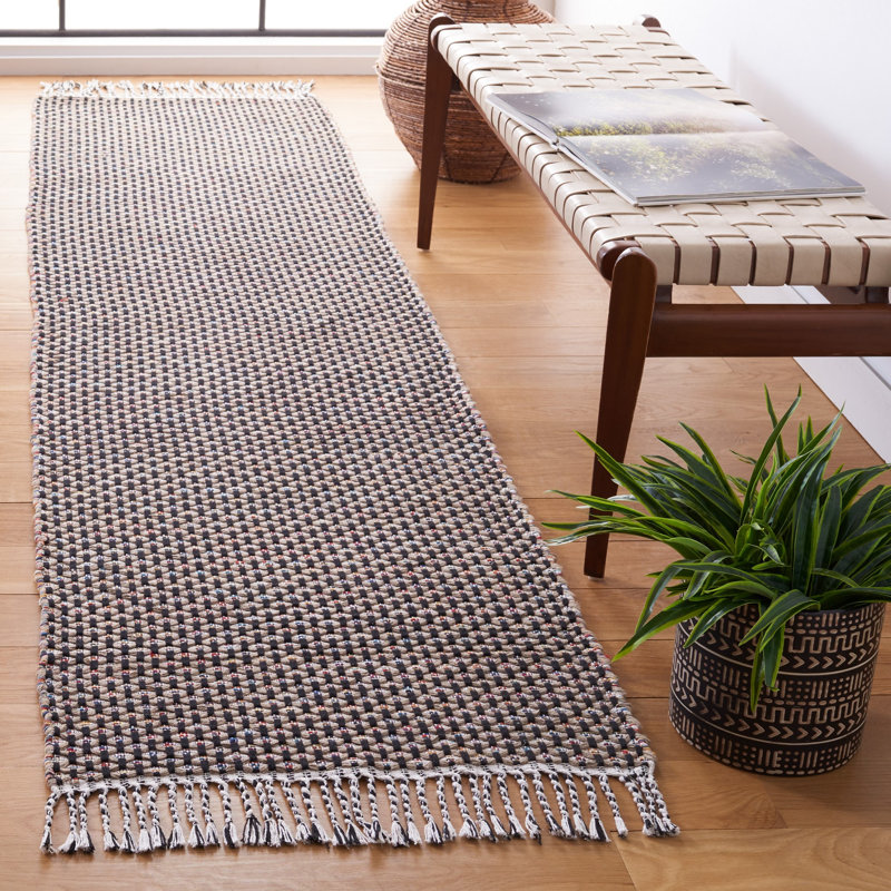 Avril Striped Handmade Flatweave Cotton Beige/Black Area Rug, Runner 2'3" x 9'