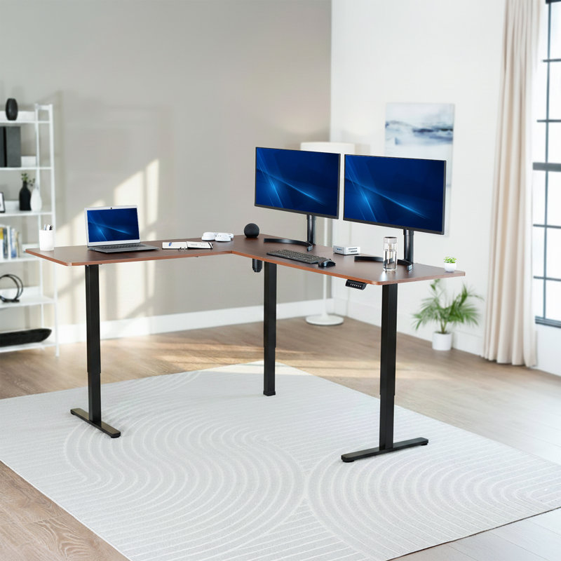 Bureau d'angle électrique VIVO, poste de travail en L, Noyer foncé/noir, L 74,8 po x P 63 po