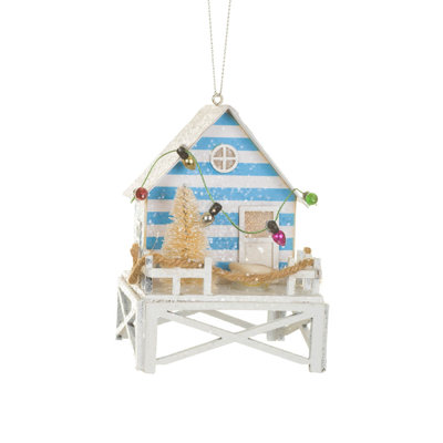 Ornement blanc scintillant blanc et bleu carte Beach House