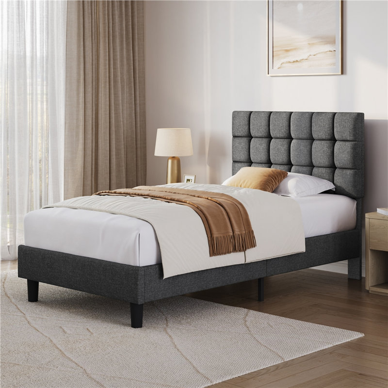 Size Modern Upholstered Bed Frame with Adjustable Square Tufted Headboard, Dark Grey, Small Double (4')