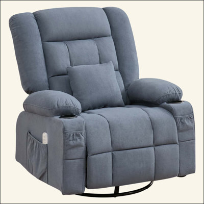  Fauteuil inclinable de massage à bascule à 4 points et massage à 4 points avec siège chauffant, fauteuil oscillant pivotant à 360 ° inclinable à 150 ° avec porte-gobelet port USB et poches latérales pour le salon