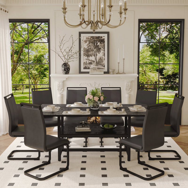 Ensemble de table et de chaises. Table de salle à manger 71 * 35,4 pouces à grain épissé noir avec fonction de rangement au milieu des pieds de la table.