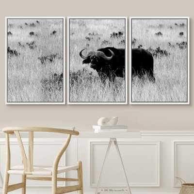 " IDEA4WALL Framed Canvas Print Wall Art Set Black White Bison Buffalo Country Field Nature Wilderness Photography Realism Decorative Scenic Rustic Zen For Living Room, Bedroom, Office " 3 - Pieces