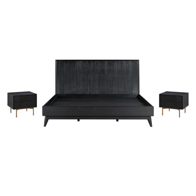Donzel Modern 3 Piece King or Queen Size Bedroom Set with Headboard in Black Brushed Oak Wood