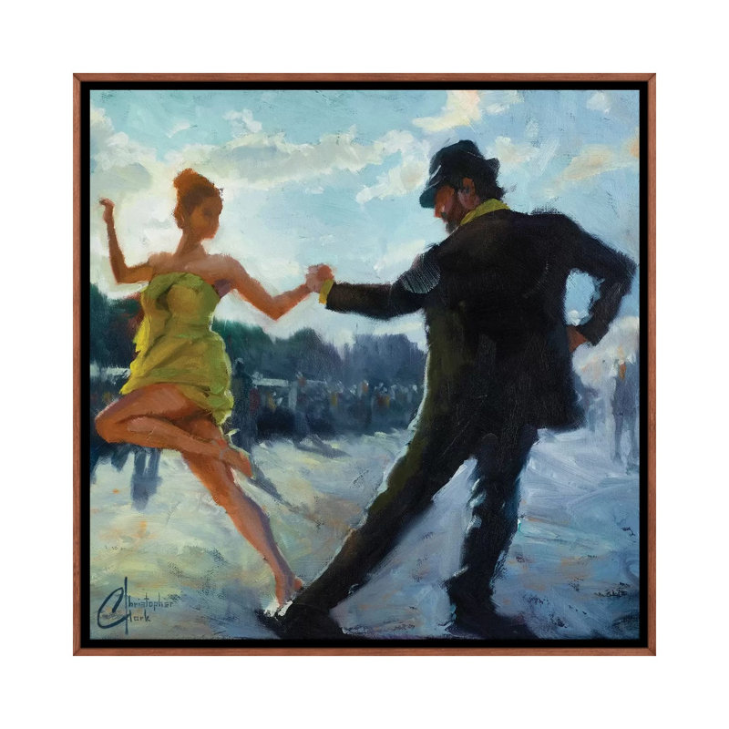 Tango In The Piazza by Christopher Clark - Painting on Canvas, Classic Brown Wood Framed, 45.72 cm H x 45.72 cm W