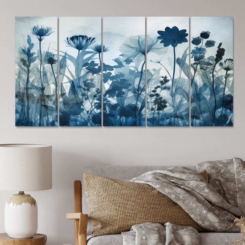 Fleurs sauvages dans un pré bleu botanique rétro I - décoration murale fleurs - 5 panneaux égaux