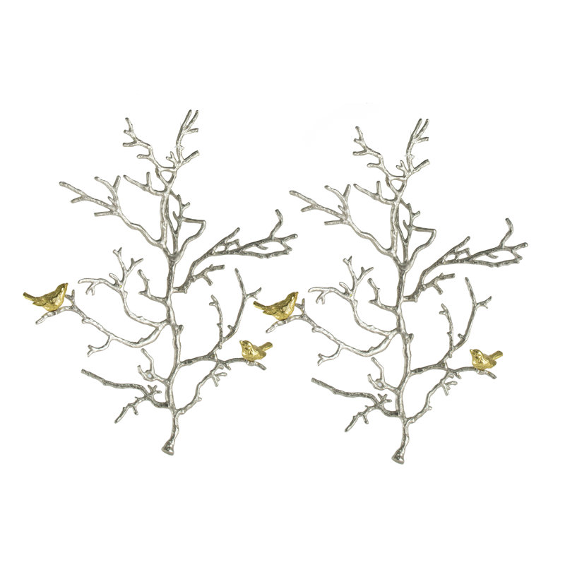 Ensemble de 2 sculptures murales en métal avec accents d'oiseaux 17 x 5,5 x 22 po