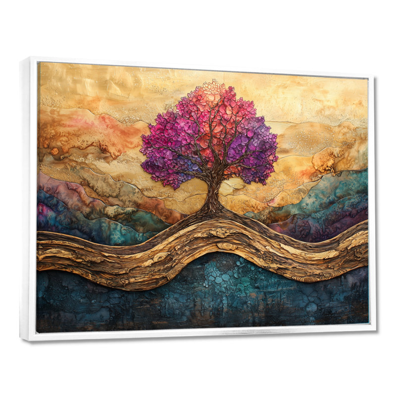 Bourgogne, arbre de vie infini sur une rivière en bois - arbre de vie, art mural, H 16 po x l 32 po, Blanc