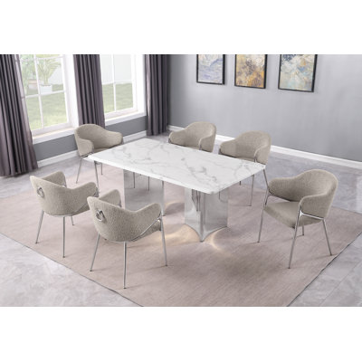 Grand White Marble Dining Set With Boucle Fabric Side Chairs