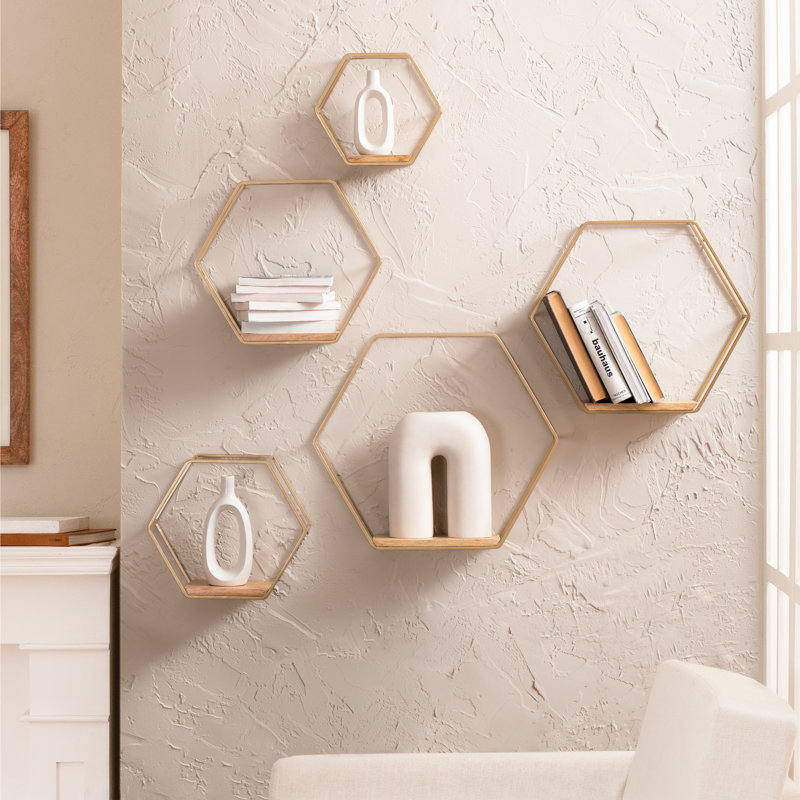 Hans Solid Wood and Iron Hexagon Accent Shelf (Set of 5), Gold