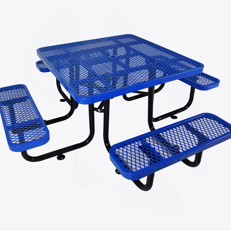 Table carrée de pique-nique d'extérieur carrée en acier de 46 po avec parasol, Bleu