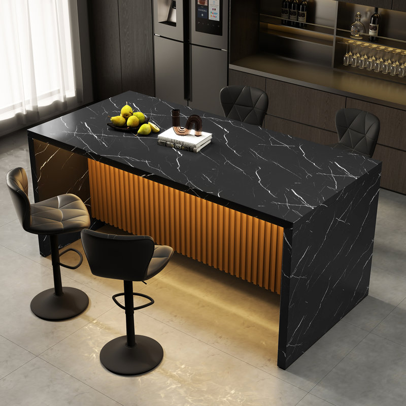 Large Modern Rectangle Dining Table For 6 People, Imitation Marble Kitchen Island Table With Led Lights For Kitchen, Dining Room, Living Room