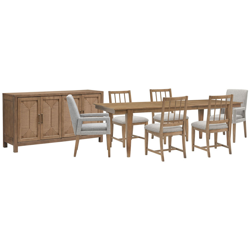 Extendable Rectangular Dining Table With 4 Grey Side Chairs, 8 Pcs: Table, 6 Chairs, Buffet, Gray