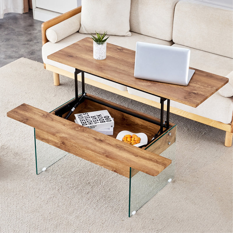 Multifunctional Lift Top Coffee Table  - Light Wood Color Grain Sticker, Yellow, Wood