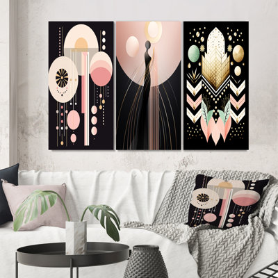 Boho Chic Abstract Geometric Illustration - Ensemble de 3 pièces sur toile