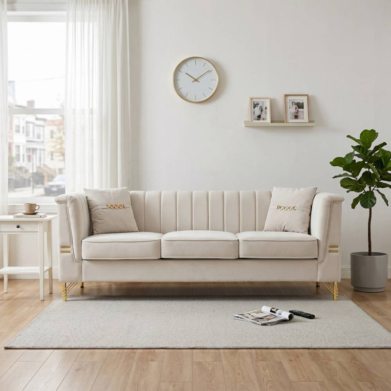 Canapé 3 places avec 2 coussins (beige), Velours beige