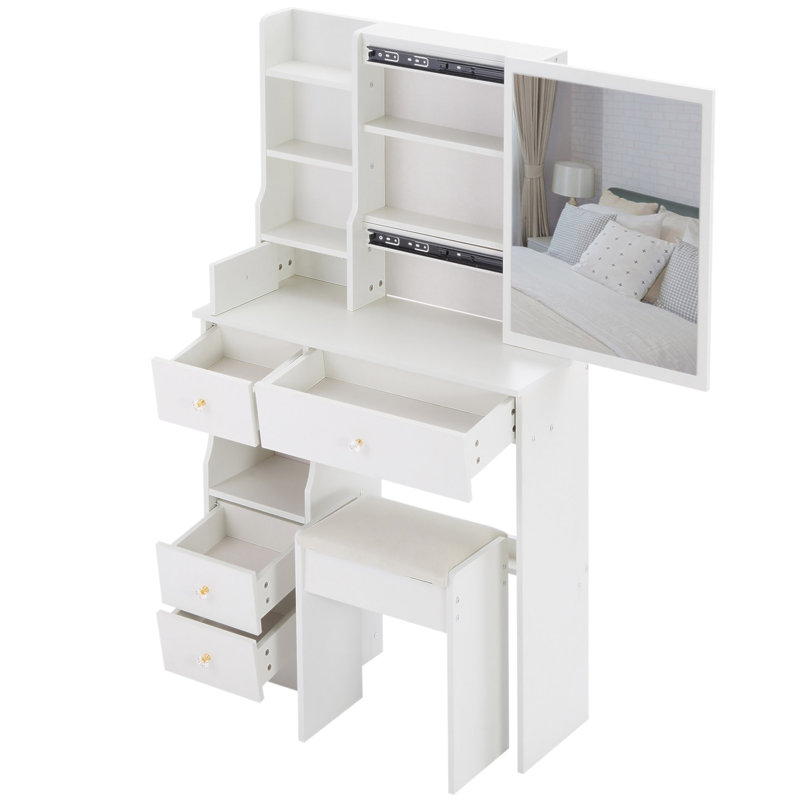 Petit meuble-lavabo de 29,2 po avec tabouret de bureau et tabouret rembourré, très grand miroir coulissant à droite, rangement multi-couches à grande capacité, commode pratique et pratique, convient aux petits espaces