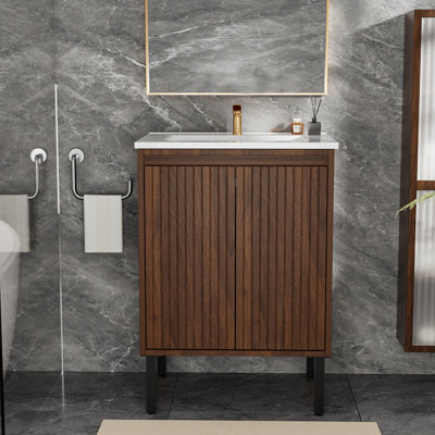 Meuble-lavabo de 24 po avec lavabo blanc, fixation murale ou au sol, tiroirs à fermeture en douceur, grand meuble-lavabo, armoire imperméable en céramique, structure autoportante, grand espace pour les essentiels