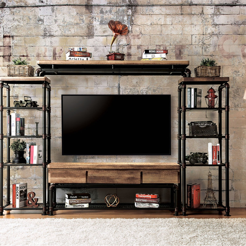 Console de style industriel avec structure en métal et bois, finition noire et ton antique