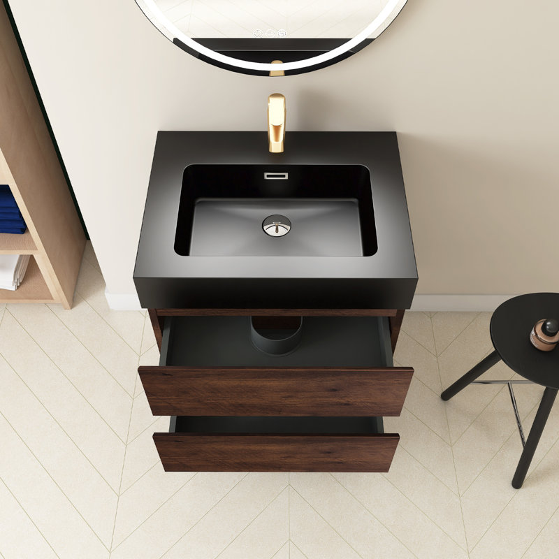Rollene 24'' Single Bathroom Vanity with Quartz Top, Black, Walnut