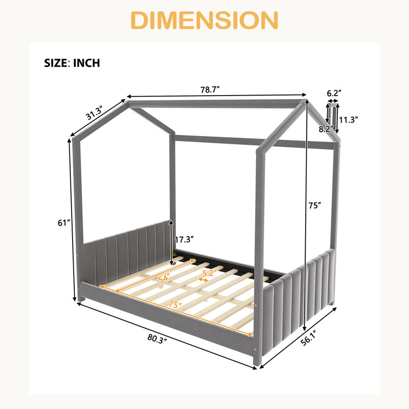 Velvet House Bed Wood Bed, Gray, Full
