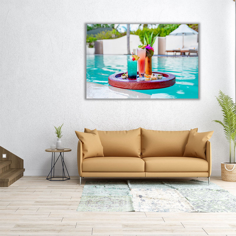 Floating Tray in Swimming Pool With Cocktails and Snacks - Canvas Print Wall Art, 20" H x 30" W