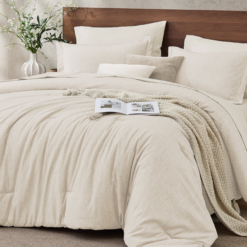 JOLLYVOGUE King Comforter Set 7 Pieces Beige, Cationic Dyeing Bed in a Bag King, Double-Tone Bedding Set with Down Alternative Comforter, Sheets, Pillowcases & Shams